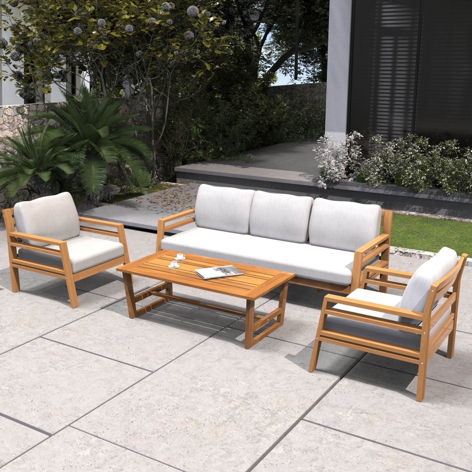 Luxury 4-Piece Acacia Wood Outdoor Sofa Set with Cushions(PAS-2520-19F-3SS+SS*2+TA) - Abrihome
