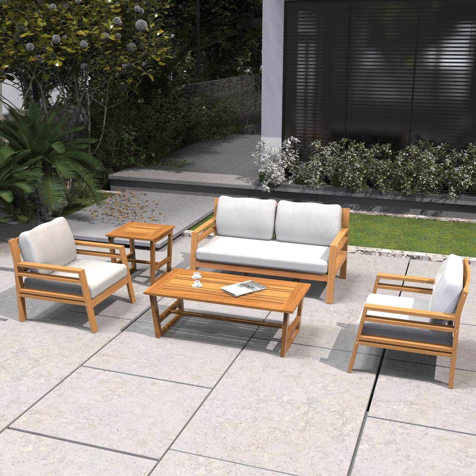 Teak-Look 5-Piece Patio Set with Plush Cushions(PAS-2520-19F-2SS+SS*2+TA+ST) - Abrihome