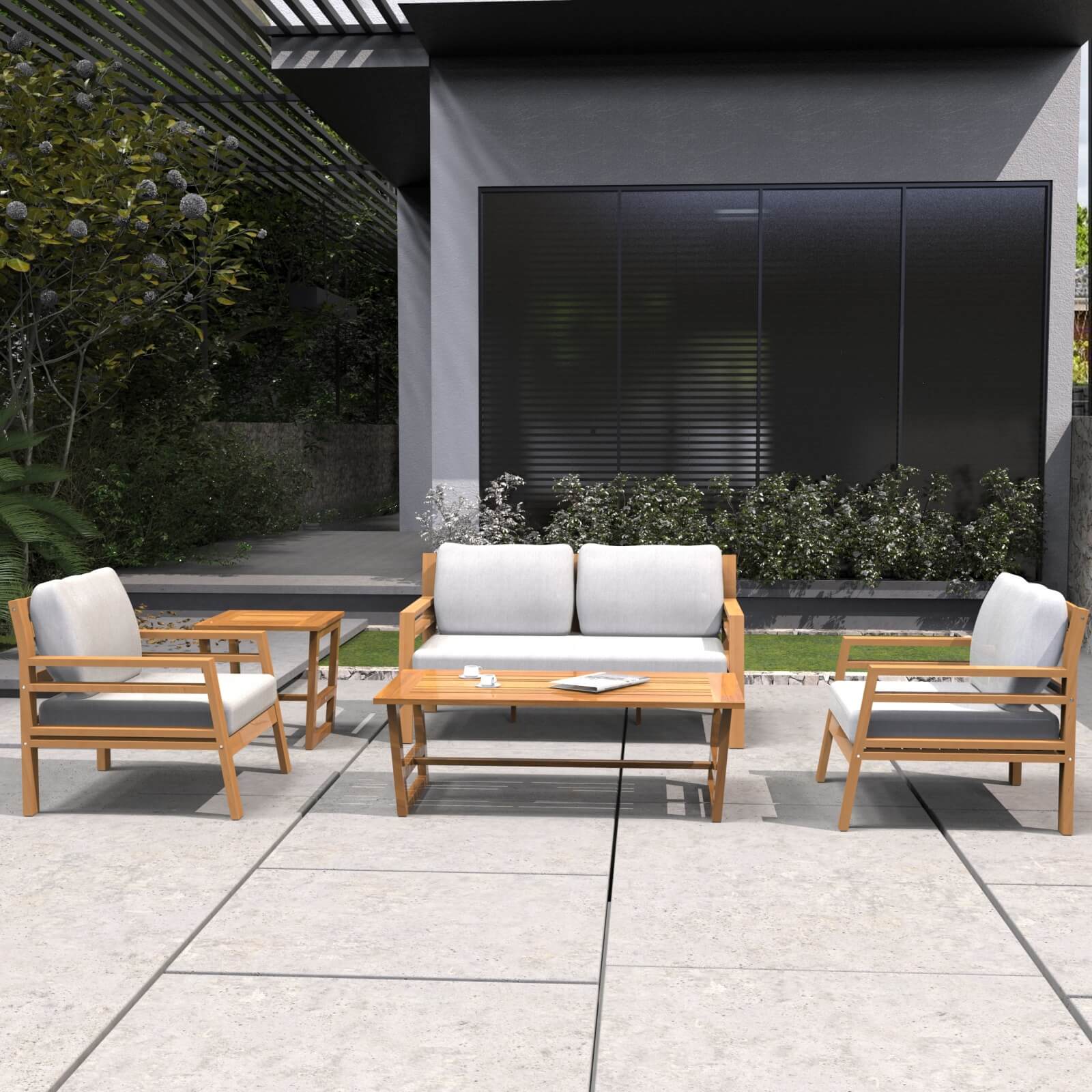 Teak-Look 5-Piece Patio Set with Plush Cushions(PAS-2520-19F-2SS+SS*2+TA+ST) - Abrihome