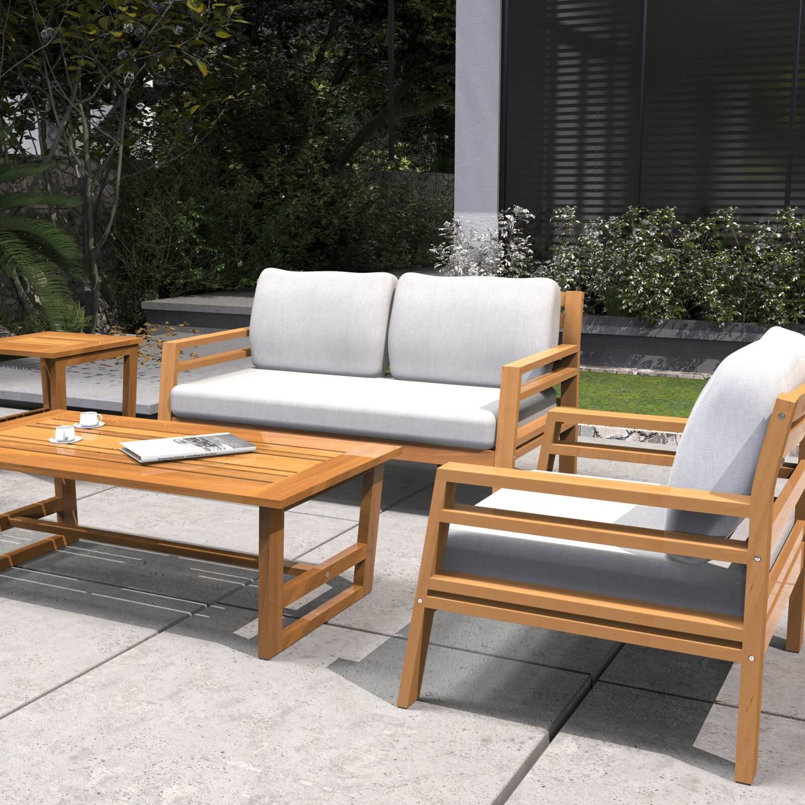 Teak-Look 5-Piece Patio Set with Plush Cushions(PAS-2520-19F-2SS+SS*2+TA+ST) - Abrihome