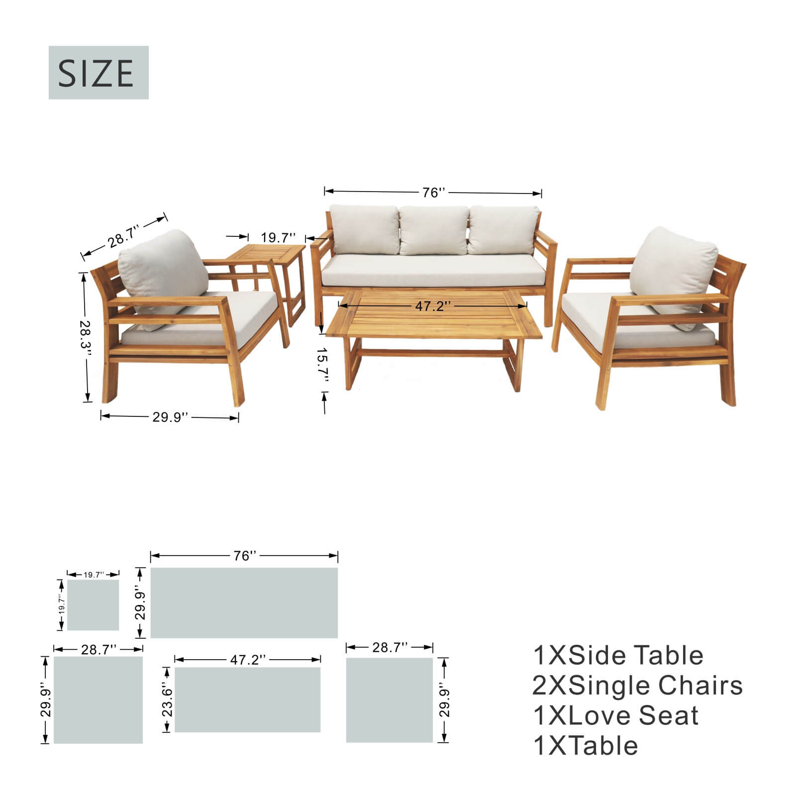 Elegant 5-Piece Acacia Wood Patio Set with Luxurious Cushions(PAS-2520-19F-3SS+SS*2+TA+ST) - Abrihome