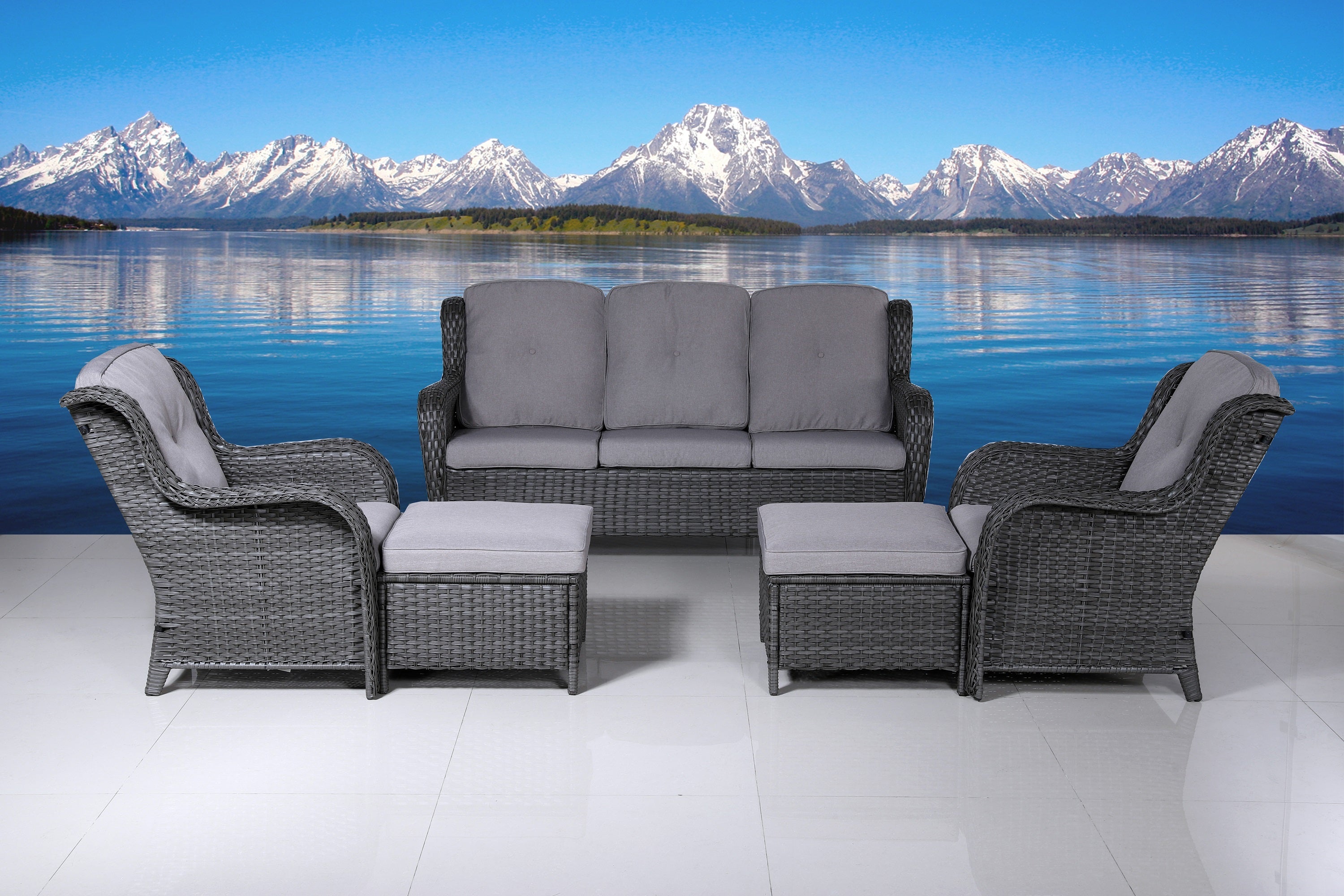 Gray 5-Piece Wicker Patio Conversation Seating Set with Gray Cushions